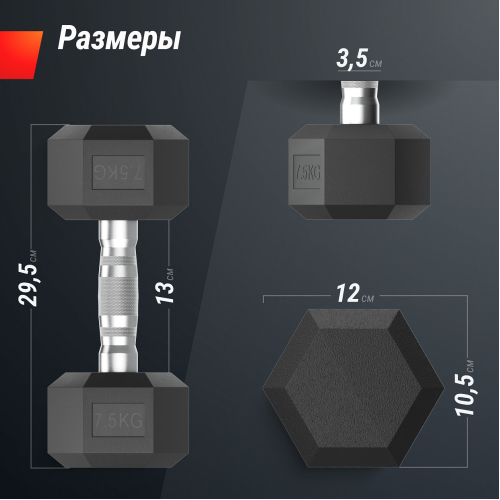 Гантель гексагональная UNIX Fit обрезиненная 7,5 кг, 2 шт.