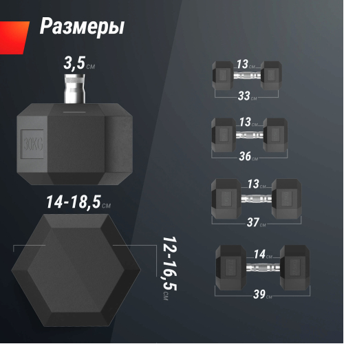 Ряд гантелей гексагональных UNIX Fit обрезиненных от 12,5 до 30 кг