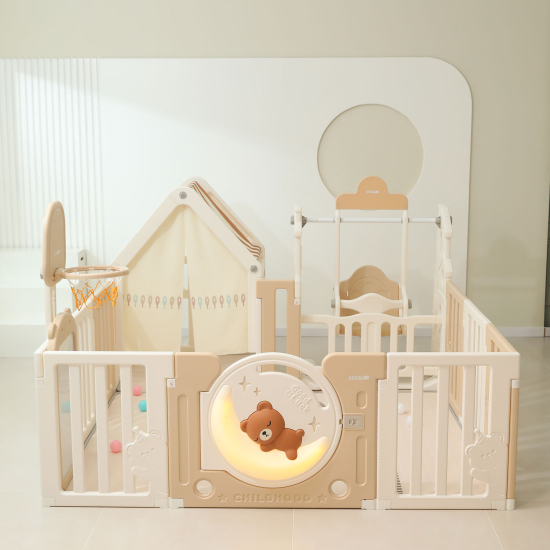 Манеж UNIX Kids DeLuxe House / Делюкс Дом бежевый, 180 x 200 см, с баскетбольной стойкой, доской для рисования, ковриком для игр