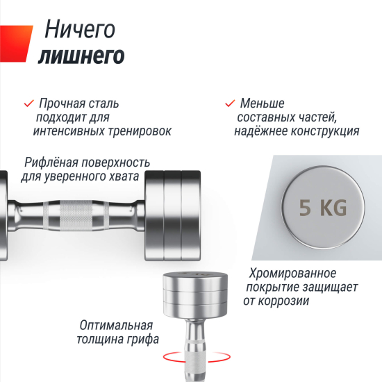 Гантель UNIX Fit PRO круглая хромированная 5 кг, 2 шт.