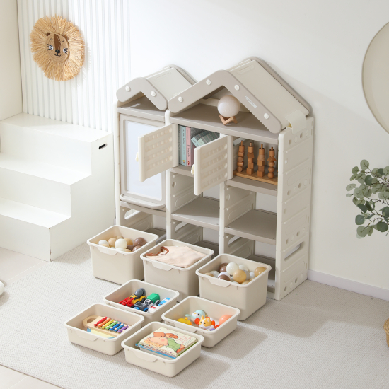 Стеллаж для игрушек UNIX Kids House / Дом (7 ящиков, 2 полки с дверцей) серый
