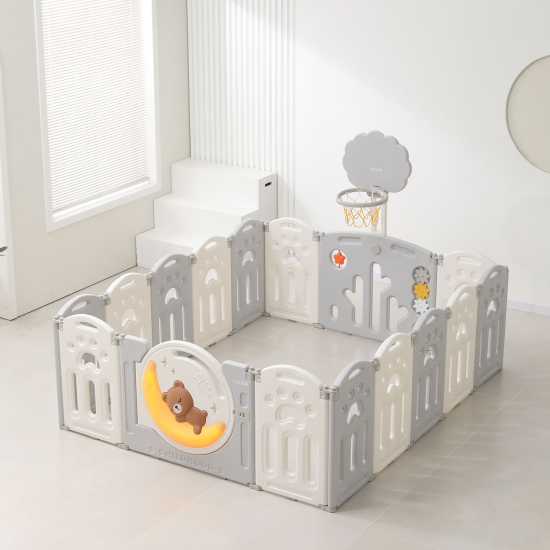 Манеж UNIX Kids Deluxe / Делюкс серый180 x 200 см, с баскетбольным кольцом и ковриком